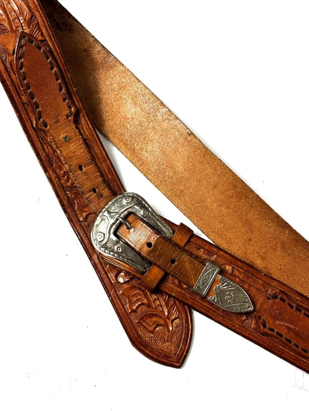80s / 90s era VTG Tooled Brown Leather Cowboy Belt & Buckle Sz 40-44
